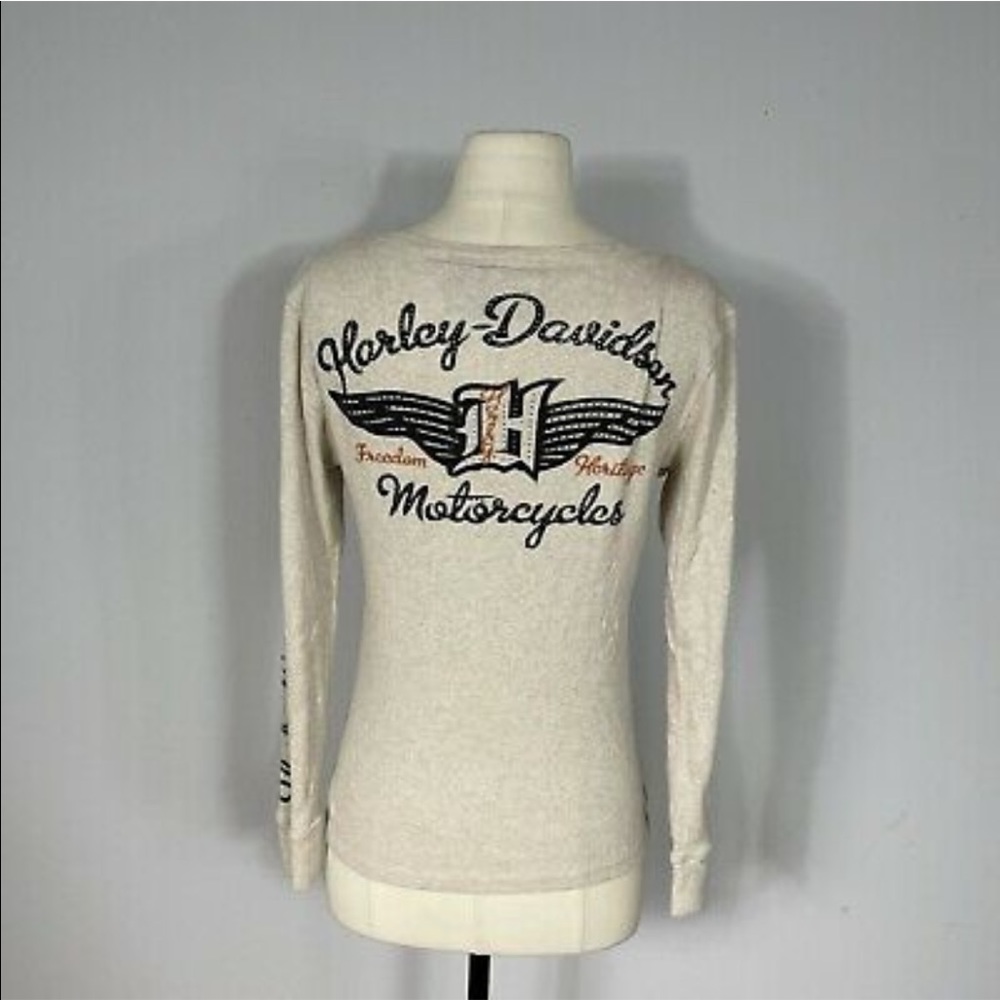 EUC Harley-Davidson Women's Cream Long Sleeve Henley Tee with Embroidered Logo